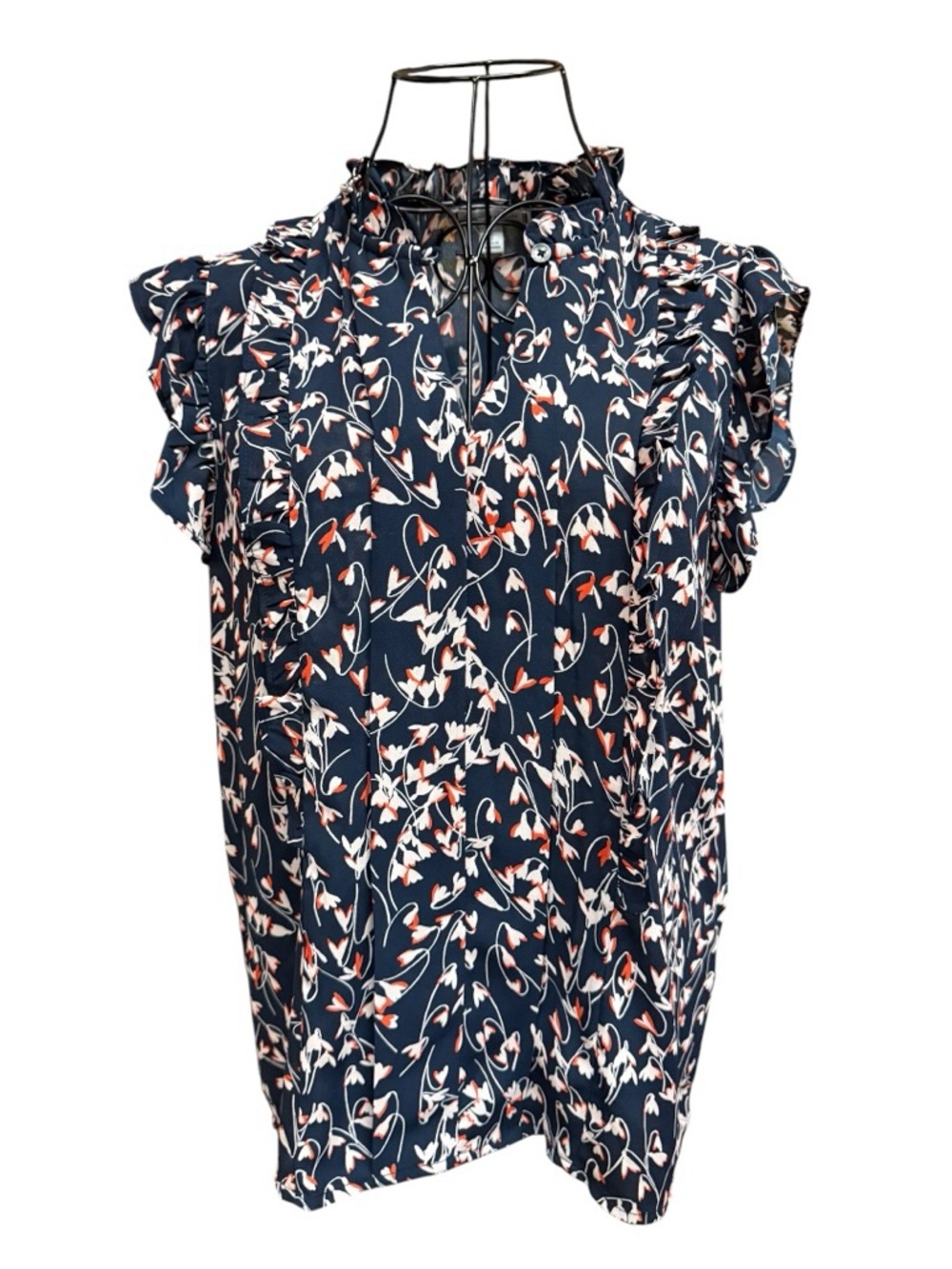 Tommy Hilfiger Navy Floral Ruffle Mock-Neck Blouse